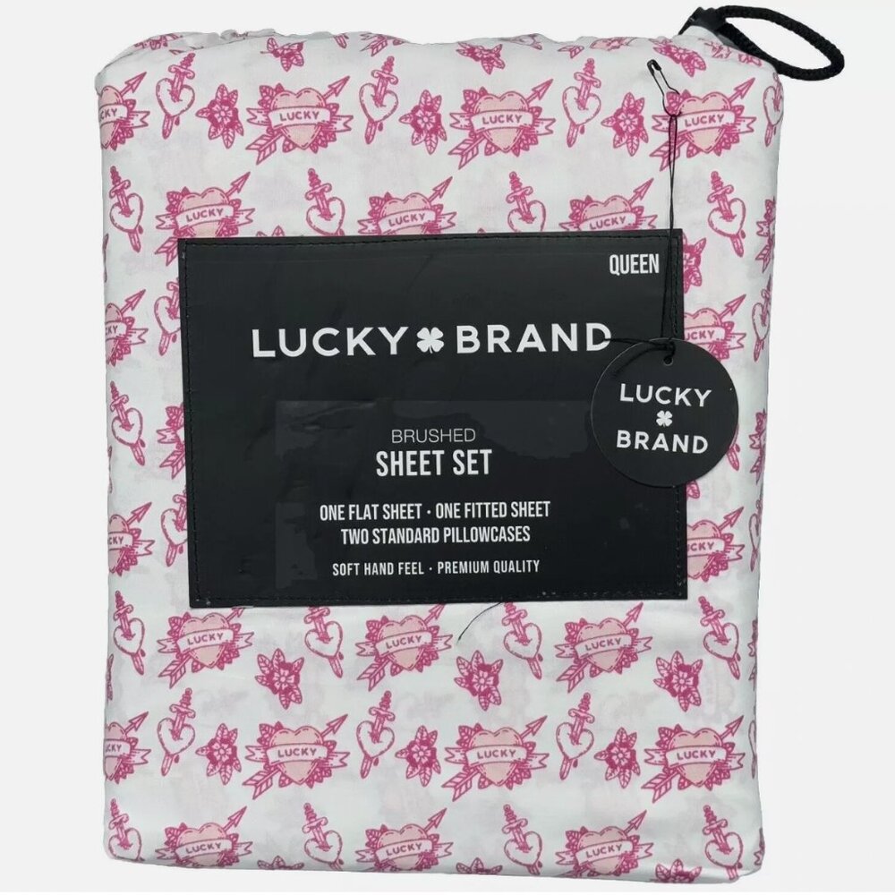4pc Lucky Brand Cupid Heart Arrow Sword Valentine QUEEN Sheet Set Brushed Cotton
